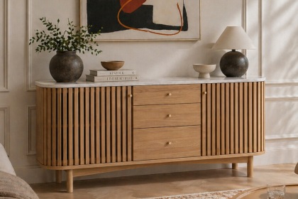 Soho Natural Oak Slatted Sideboard with Drawers & Marble Top
