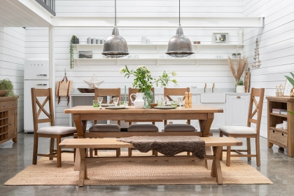 Tewkesbury Smoked Oak Cross-Leg 200-250cm Ext Dining Table Set with x6 Cross Back Chairs & Bench Tewkesbury Smoked Oak Cross-Leg 200-250cm Ext Dining Table Set with x6 Cross Back Chairs & Bench