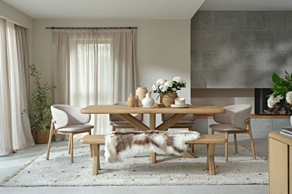 Flynn Natural Oak 200cm Star Base Dining Table Set Inc 180cm Bench & 4 Noah Chairs Flynn Natural Oak 200cm Star Base Dining Table Set Inc 180cm Bench & 4 Noah Chairs