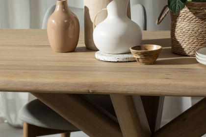Flynn Natural Oak 240cm Star Base Dining Table Set Inc 220cm Bench & 4 Noah Chairs Flynn Natural Oak 240cm Star Base Dining Table Set Inc 220cm Bench & 4 Noah Chairs