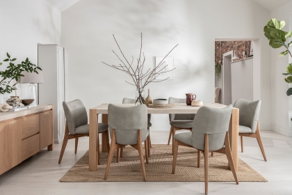 Arlo Natural Oak 190cm Travertine Ceramic Dining Table Set with 6 Spencer Chairs Arlo Natural Oak 190cm Travertine Ceramic Dining Table Set with 6 Spencer Chairs