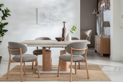 Arlo Natural Oak 160-200cm Ext Travertine Ceramic Dining Table Set with Leo Chairs Arlo Natural Oak 160-200cm Ext Travertine Ceramic Dining Table Set with Leo Chairs