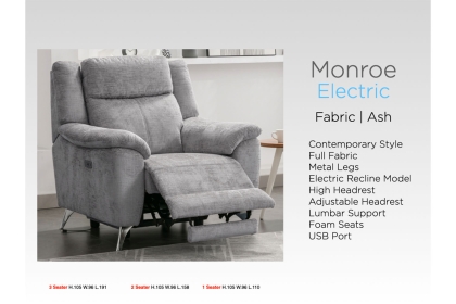 Monroe Fabric 2 Seater Recliner Sofa in Ash