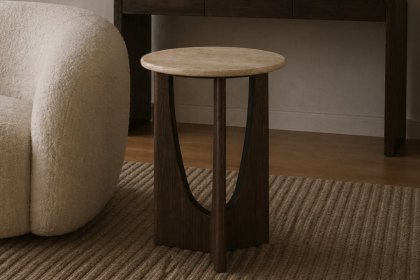 California Dark Oak Round Side Table with Travertine Top