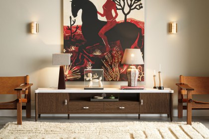 Florence Walnut Stained Oak 210cm Large TV Unit with Marble Top