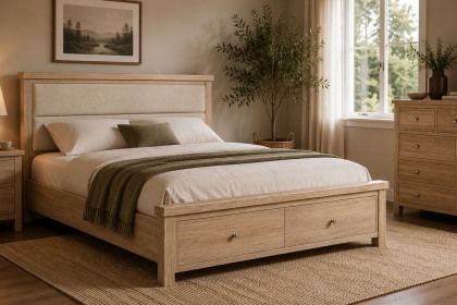 Normandy White Wash Storage Bedframe with Cream Herringbone Headboard