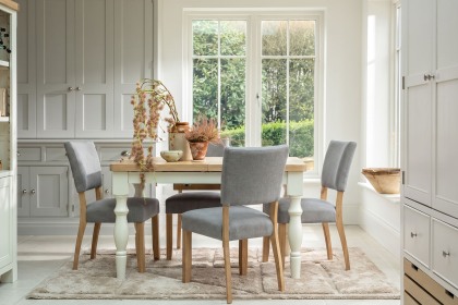 Burford Painted Oak 130-180cm Ext Dining Table Set + 4 Upholstered Chairs Burford Painted Oak 130-180cm Ext Dining Table Set + 4 Upholstered Chairs