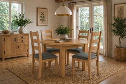 Burford Country Oak Round 120-160cm Extending Dining Table Set & 4 Chairs