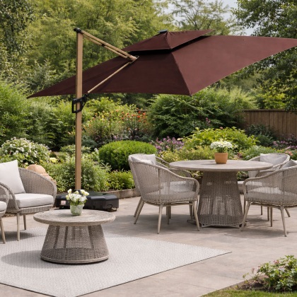 Camber 3m Square Cantilever Parasol with Solar LED Lights in Coffee Brown Camber 3m Square Cantilever Parasol with Solar LED Lights in Coffee Brown
