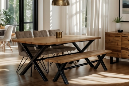 Forge Industrial 190 Dining Table Set with 180cm Bench & 4 Grey Dining Chairs