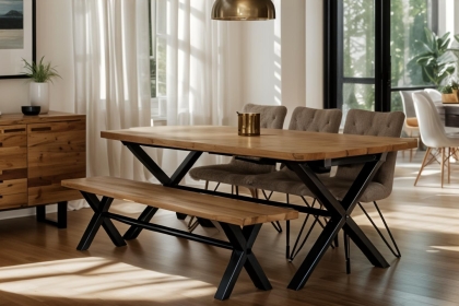 Forge Industrial 150 Dining Table Set with 140cm Bench & 2 Grey Dining Chairs