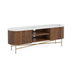 Harvard Reeded Mango Wood Large Media TV Stand with Marble Top Harvard Reeded Mango Wood Large Media TV Stand with Marble Top