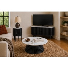 Soho Black Oak Slatted Story Side Table with Marble Top