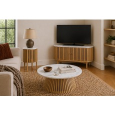 Soho Natural Oak Slatted Story Side Table with Marble Top