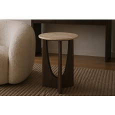 California Dark Oak Round Side Table with Travertine Top California Dark Oak Round Side Table with Travertine Top