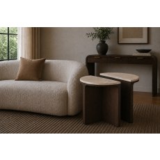 California Dark Oak Half Moon Nest of Tables with Travertine Top California Dark Oak Half Moon Nest of Tables with Travertine Top