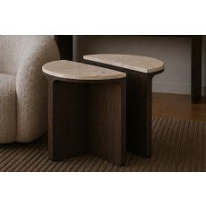 California Dark Oak Half Moon Nest of Tables with Travertine Top California Dark Oak Half Moon Nest of Tables with Travertine Top