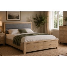 Normandy White Wash Storage Bedframe with Grey Fabric Headboard Normandy White Wash Storage Bedframe with Grey Fabric Headboard