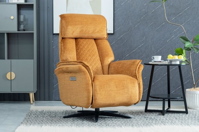 Evo Soft Touch Fabric 360 Swivel Dual Motor Electric Recliner Chair in Amber Evo Soft Touch Fabric 360 Swivel Dual Motor Electric Recliner Chair in Amber