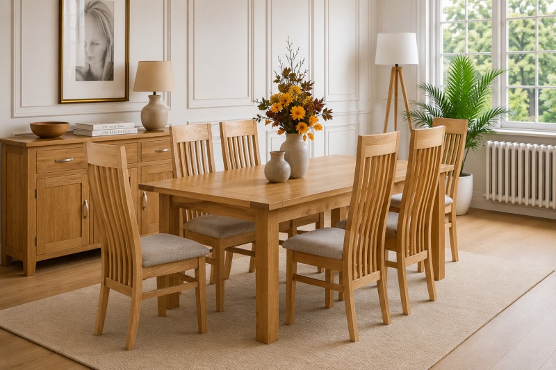 Devon 100% Solid Oak Extending Dining Table & 6 Slatted Back Chairs Devon 100% Solid Oak Extending Dining Table & 6 Slatted Back Chairs