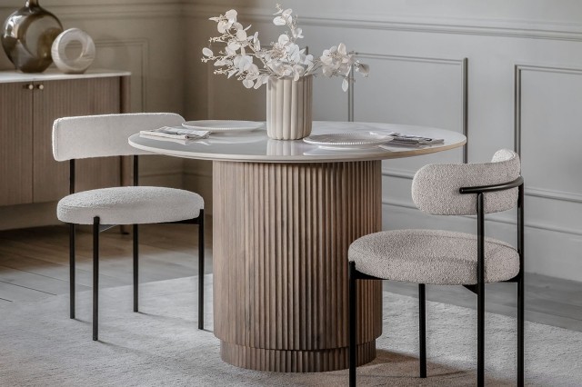 Gallery Direct Marmo Mango Wood Round Dining Table Set with Marble Top & x4 Aveley Chairs Gallery Direct Marmo Mango Wood Round Dining Table Set with Marble Top & x4 Aveley Chairs