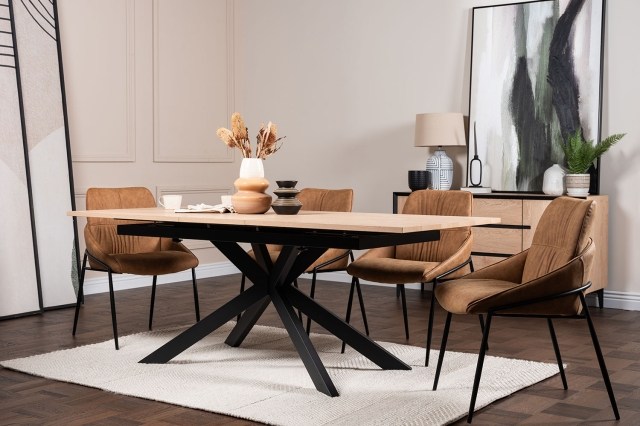 Jaxon 160-220cm Extending Dining Table with HPL Oak Finish Top & Black Metal Legs Jaxon 160-220cm Extending Dining Table with HPL Oak Finish Top & Black Metal Legs
