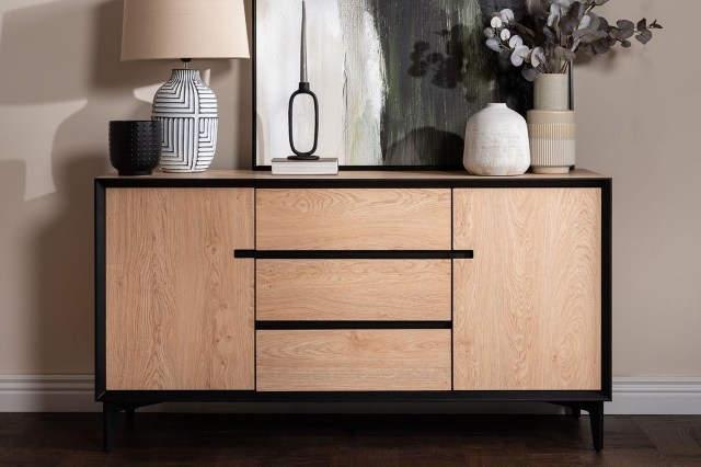 Jaxon Wide Sideboard with HPL Oak Finish & Black Metal Frame Jaxon Wide Sideboard with HPL Oak Finish & Black Metal Frame