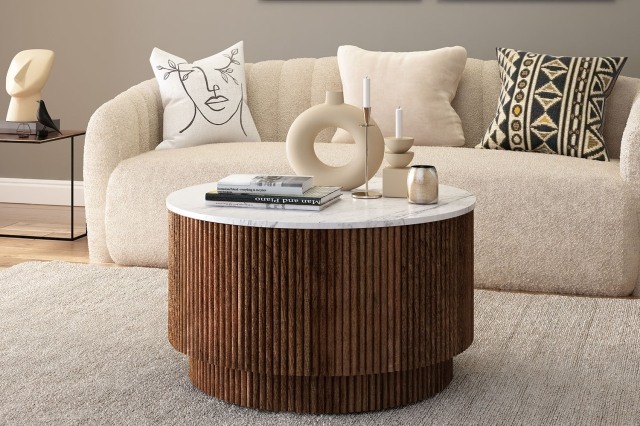 Harvard Reeded Mango Wood Storage Coffee Table with Marble Top Harvard Reeded Mango Wood Storage Coffee Table with Marble Top