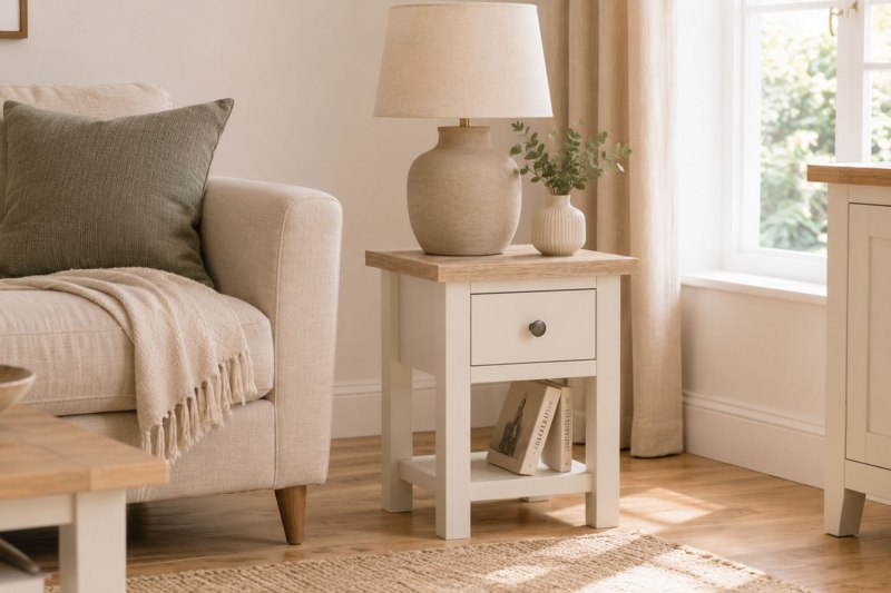 Modern Country Painted Oak Coconut White Lamp Table with Shelf Modern Country Painted Oak Coconut White Lamp Table with Shelf