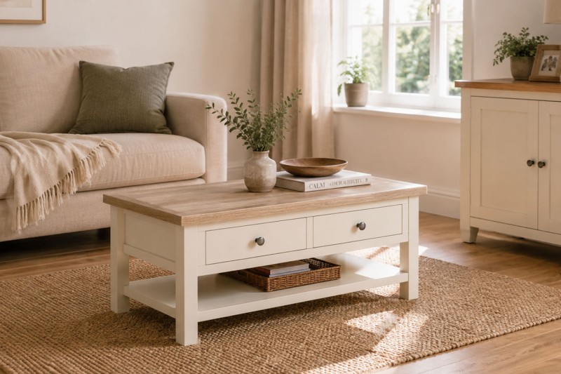 Modern Country Painted Oak Coconut White Coffee Table with Shelf Modern Country Painted Oak Coconut White Coffee Table with Shelf