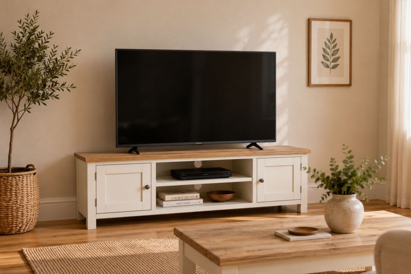 Modern Country Painted Oak Coconut White 160cm Extra Large TV Unit Modern Country Painted Oak Coconut White 160cm Extra Large TV Unit