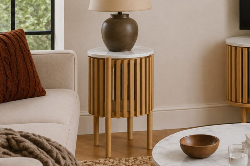 Soho Natural Oak Slatted Story Side Table with Marble Top Soho Natural Oak Slatted Story Side Table with Marble Top