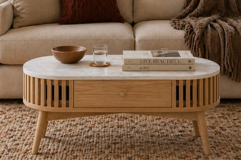 Soho Natural Oak Slatted Oval Coffee Table with Marble Top Soho Natural Oak Slatted Oval Coffee Table with Marble Top