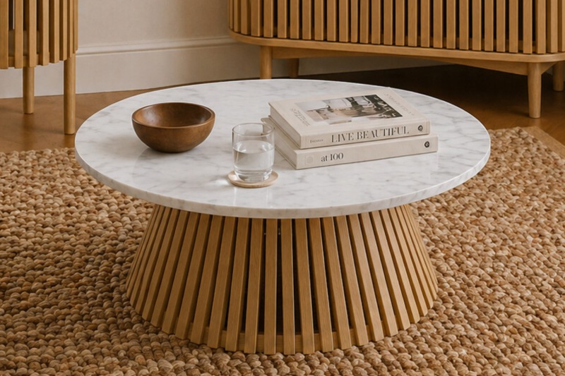Soho Natural Oak Slatted Round Coffee Table with Marble Top Soho Natural Oak Slatted Round Coffee Table with Marble Top