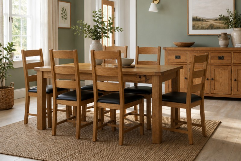 Salisbury Waxed Premium Oak Small Ext Dining Table Set + 6 Slat Back PU Chairs Salisbury Waxed Premium Oak Small Ext Dining Table Set + 6 Slat Back PU Chairs