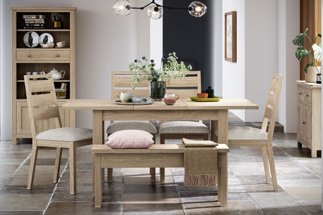 Modern Country Oak Ext Dining Table Set with 4 Chairs & Bench Modern Country Oak Ext Dining Table Set with 4 Chairs & Bench