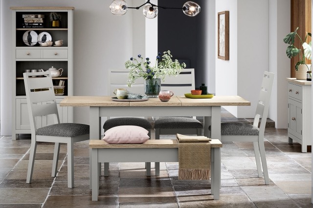 Modern Country Painted Oak Stone Grey Ext Dining Table Set with 4 Chairs & Bench Modern Country Painted Oak Stone Grey Ext Dining Table Set with 4 Chairs & Bench
