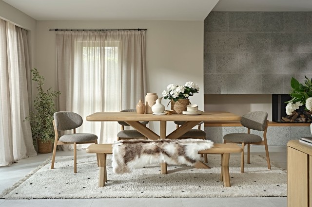 Flynn Natural Oak 200cm Star Base Dining Table Set Inc 180cm Bench & 4 Leo Chairs Flynn Natural Oak 200cm Star Base Dining Table Set Inc 180cm Bench & 4 Leo Chairs