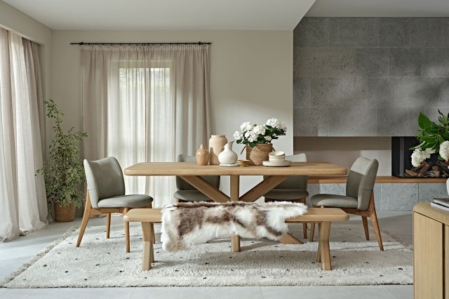 Flynn Natural Oak 240cm Star Base Dining Table Set Inc 220cm Bench & 4 Spencer Chairs Flynn Natural Oak 240cm Star Base Dining Table Set Inc 220cm Bench & 4 Spencer Chairs