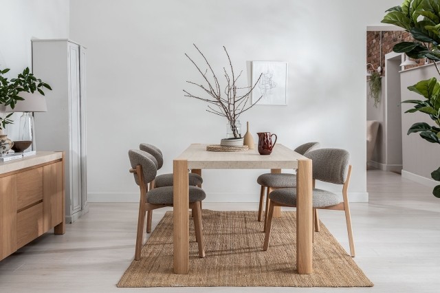 Arlo Natural Oak 140cm Travertine Ceramic Dining Table Set with 4 Leo Chairs Arlo Natural Oak 140cm Travertine Ceramic Dining Table Set with 4 Leo Chairs