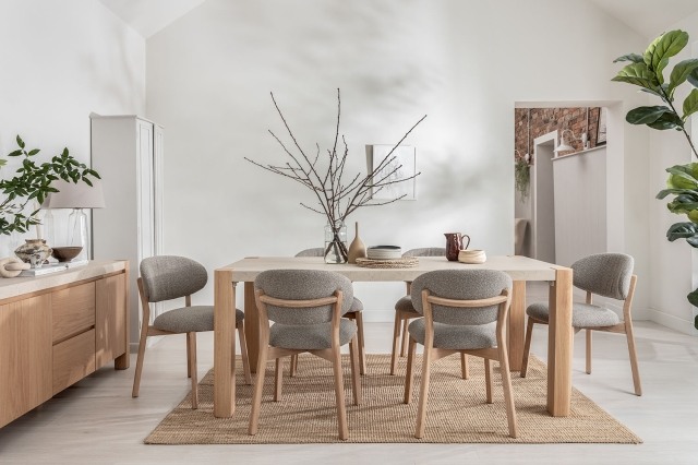Arlo Natural Oak 190cm Travertine Ceramic Dining Table Set with 6 Leo Chairs Arlo Natural Oak 190cm Travertine Ceramic Dining Table Set with 6 Leo Chairs