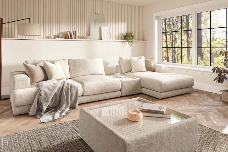 Niki Fabric Modular Sofa Group with Chaise End and Glass Table Niki Fabric Modular Sofa Group with Chaise End and Glass Table