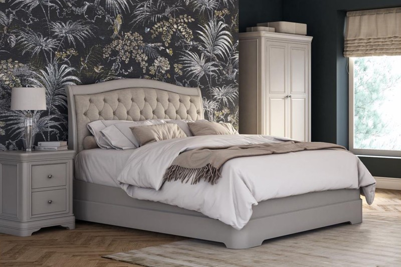 Mabel Wooden Bed Frame with Buttoned Upholstered Headboard in Painted Taupe Finish Mabel Wooden Bed Frame with Buttoned Upholstered Headboard in Painted Taupe Finish