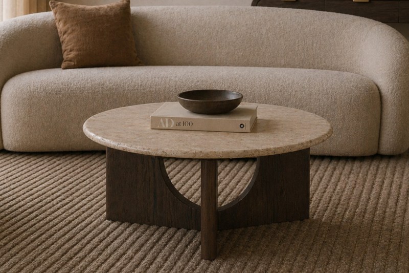 California Dark Oak Coffee Table with Travertine Top California Dark Oak Coffee Table with Travertine Top