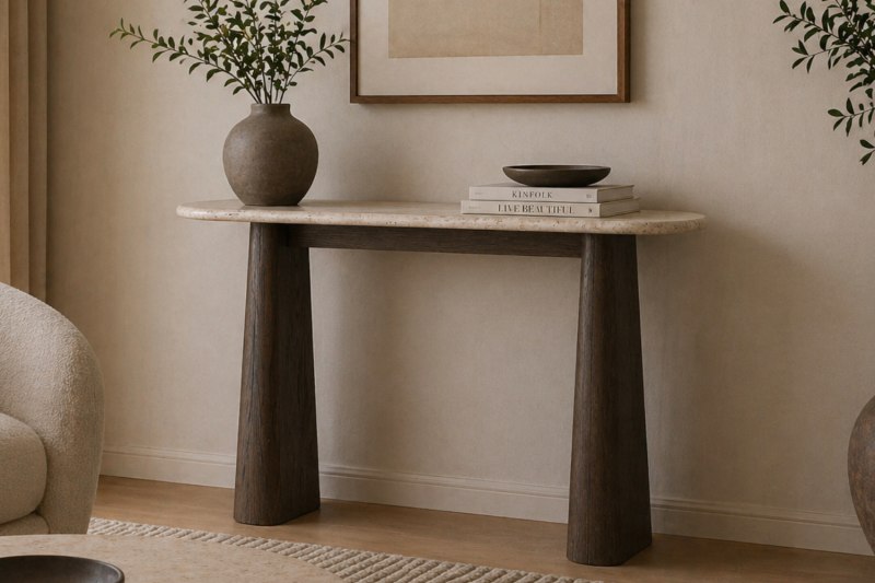 California Dark Oak Console Table with Travertine Top California Dark Oak Console Table with Travertine Top