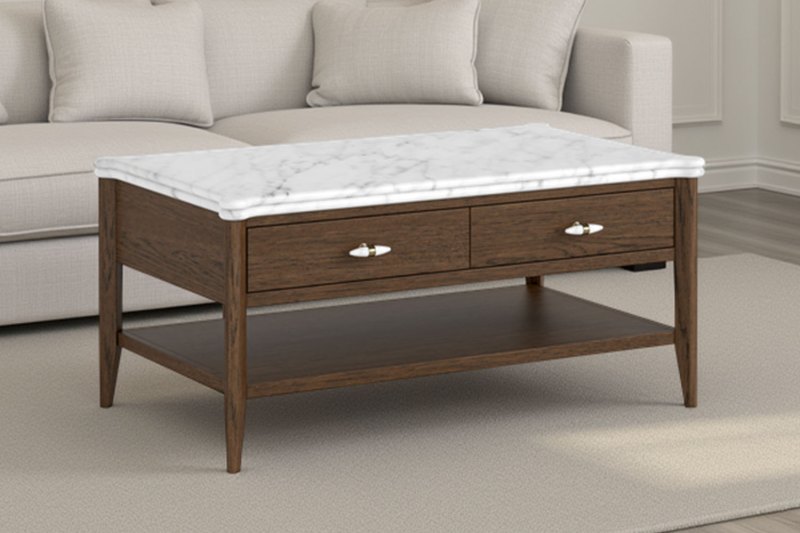 Florence Walnut Stained Oak Storage Coffee Table with Marble Top Florence Walnut Stained Oak Storage Coffee Table with Marble Top