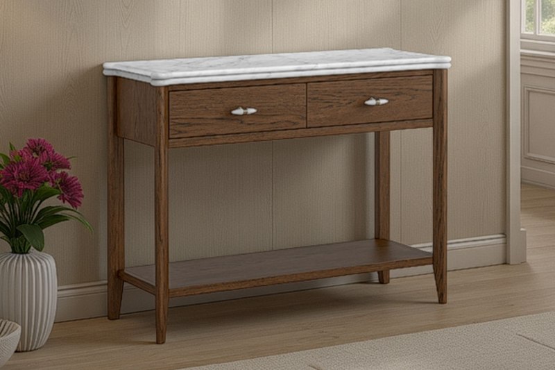 Florence Walnut Stained Oak 100cm Console Table with Marble Top Florence Walnut Stained Oak 100cm Console Table with Marble Top