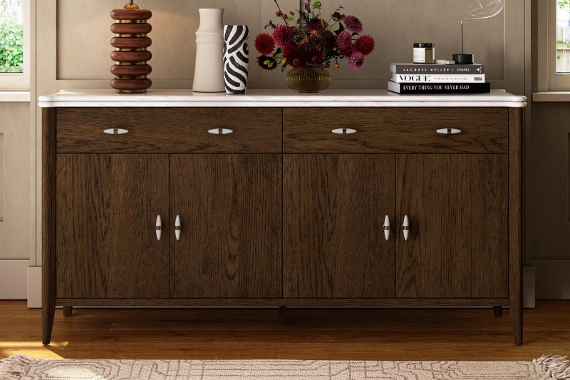 Florence Walnut Stained Oak Large 160cm Sideboard with Marble Top Florence Walnut Stained Oak Large 160cm Sideboard with Marble Top