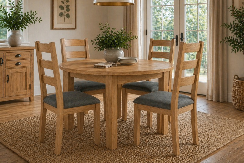 Burford Country Oak Round 120-160cm Extending Dining Table Set & 4 Chairs Burford Country Oak Round 120-160cm Extending Dining Table Set & 4 Chairs